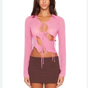 Guizio Sheer LS Collar Tie Top in Rogue NWT